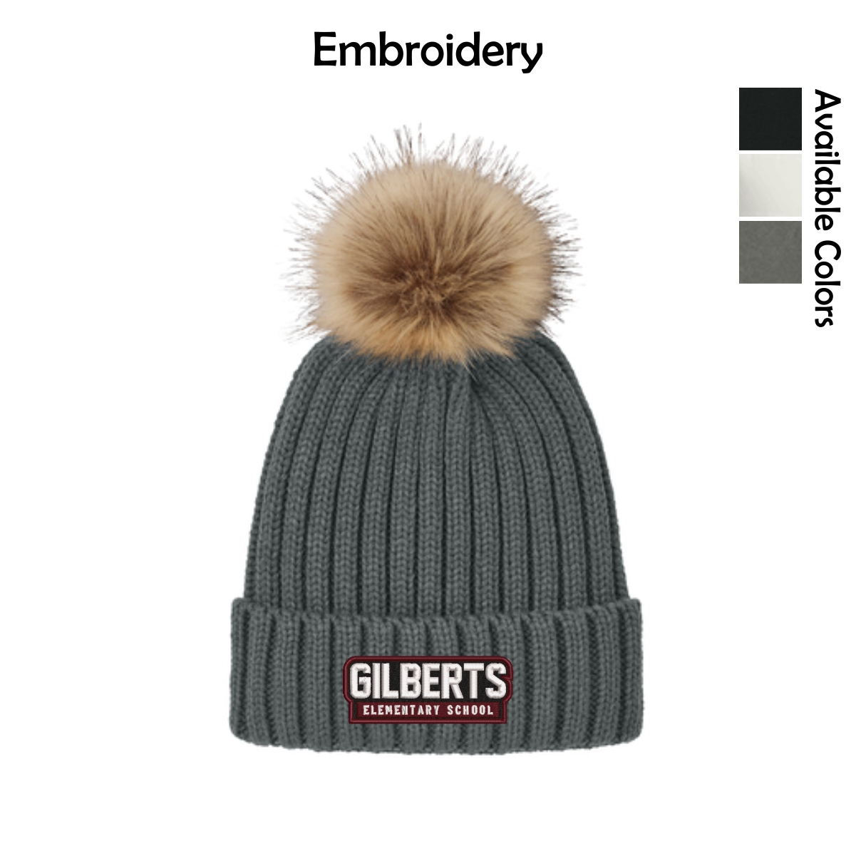Gilberts Elementary School Faux Fur Pom Beanie with Embroidery
