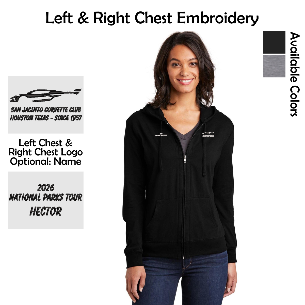 San Jacinto Corvette Club 2026 Parks Tour District Ladies Fitted Jersey Full-Zip Hoodie