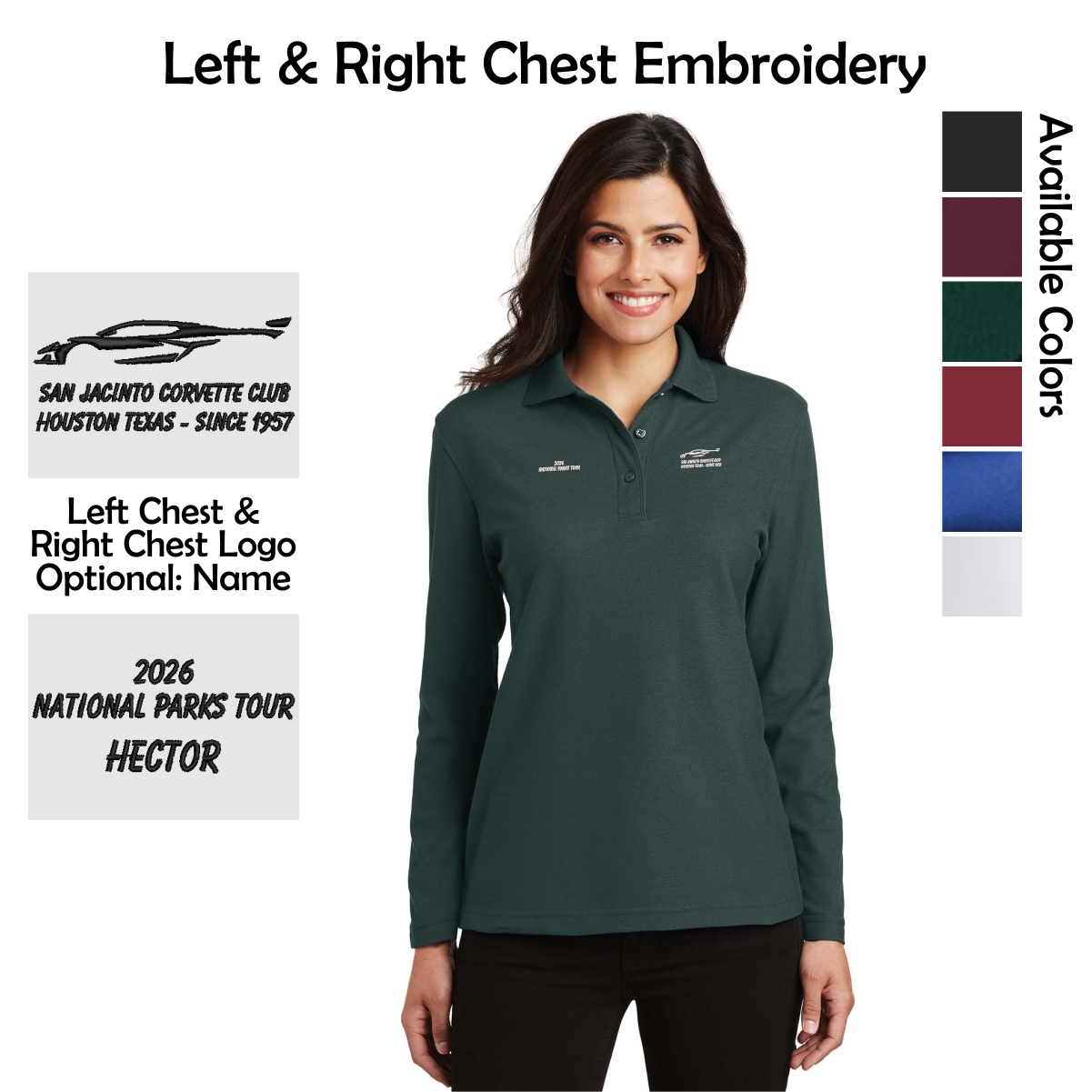 San Jacinto Corvette Club 2026 Parks Tour Port Authority Ladies Silk Touch Long Sleeve Polo