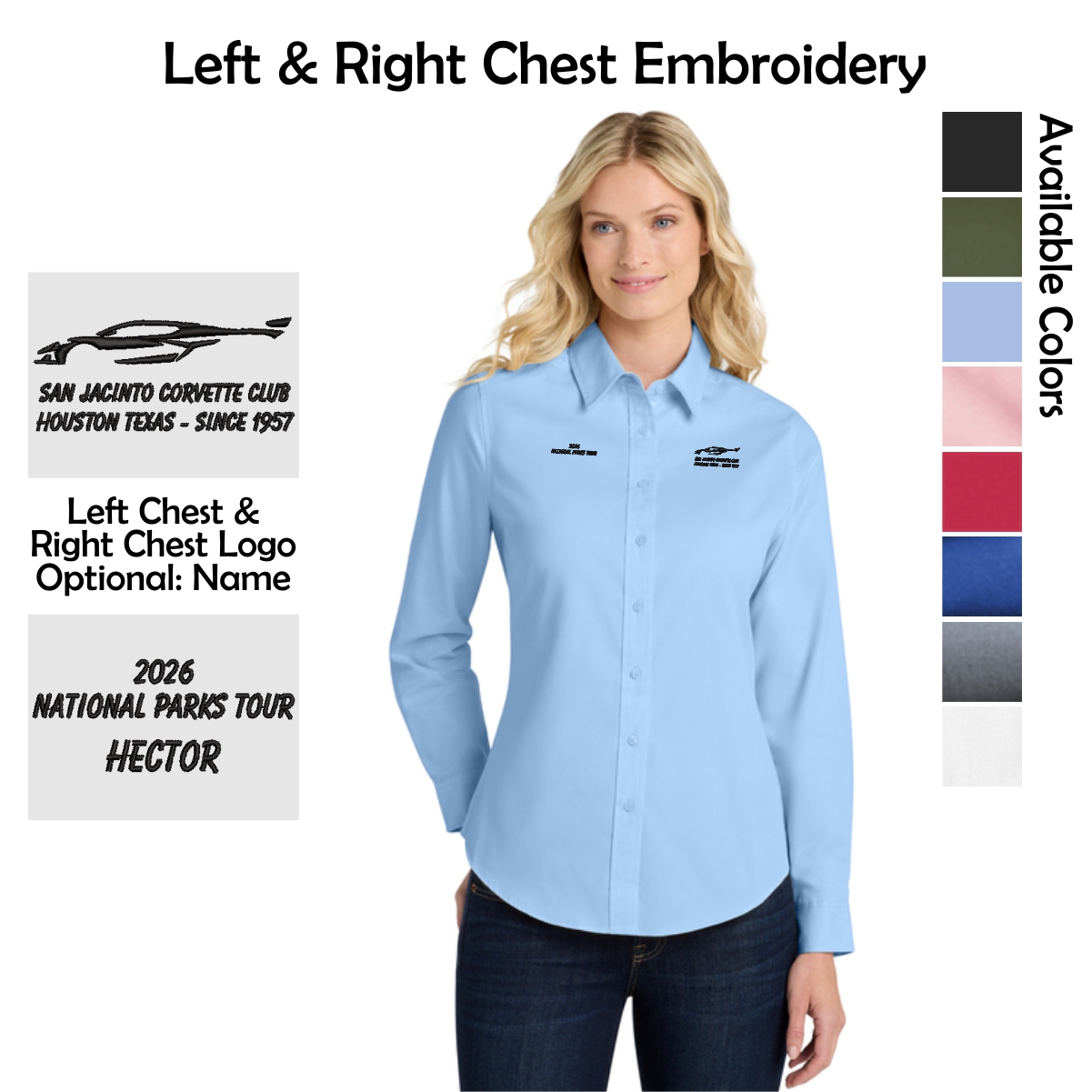 San Jacinto Corvette Club 2026 Parks Tour Port Authority Ladies Long Sleeve Easy Care Shirt